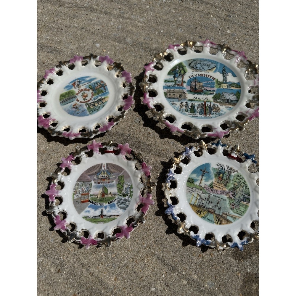 Lot 4 Vintage Souvenir Porcelain Plates Florida Plymouth MA Manistee MI